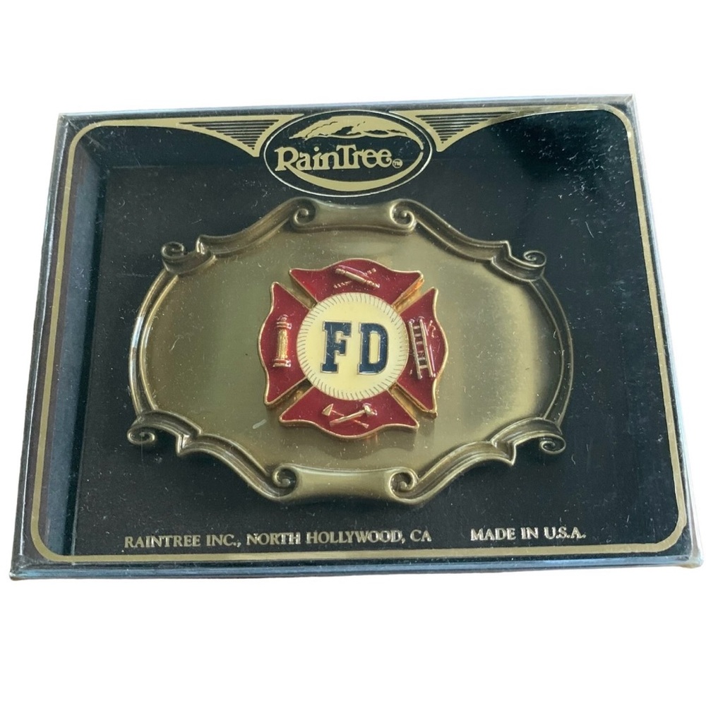 Vintage 70s Fire Department Brass Belt Buckle Raintree Made in USA Firefighter